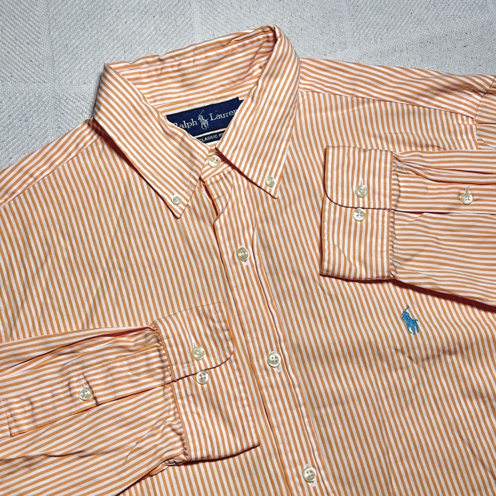 Ralph Lauren Button Down Shirt Mens 16-34/35 Classic Fit Striped Orange White